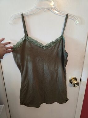 Y2k Olive Green Lace Trim Cami Tank Top XL Stretch Basic